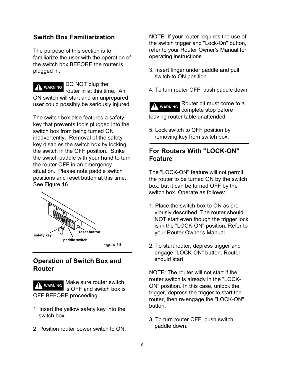 Switch box familiarization, Operation of switch box and router, For routers with "lock-on" feature | Wolfcraft 6157 User Manual | Page 16 / 52