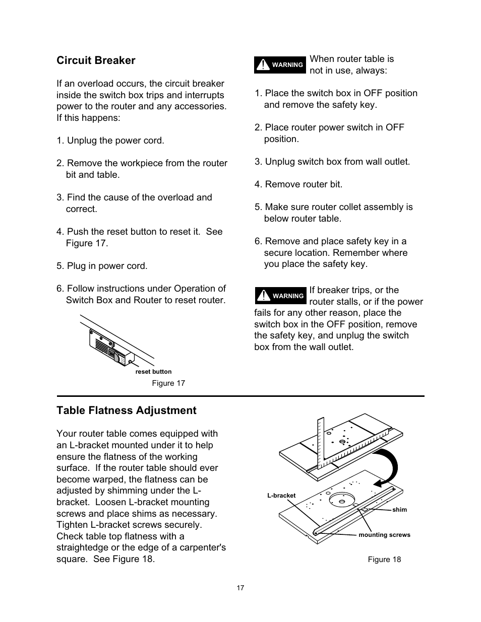 Circuit breaker, Table flatness adjustment | Wolfcraft 6157 User Manual | Page 17 / 52