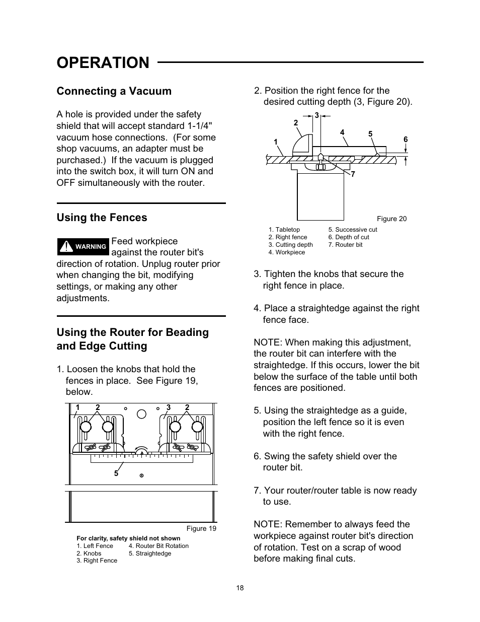Operation, Connecting a vacuum, Using the fences | Using the router for beading and edge cutting | Wolfcraft 6157 User Manual | Page 18 / 52