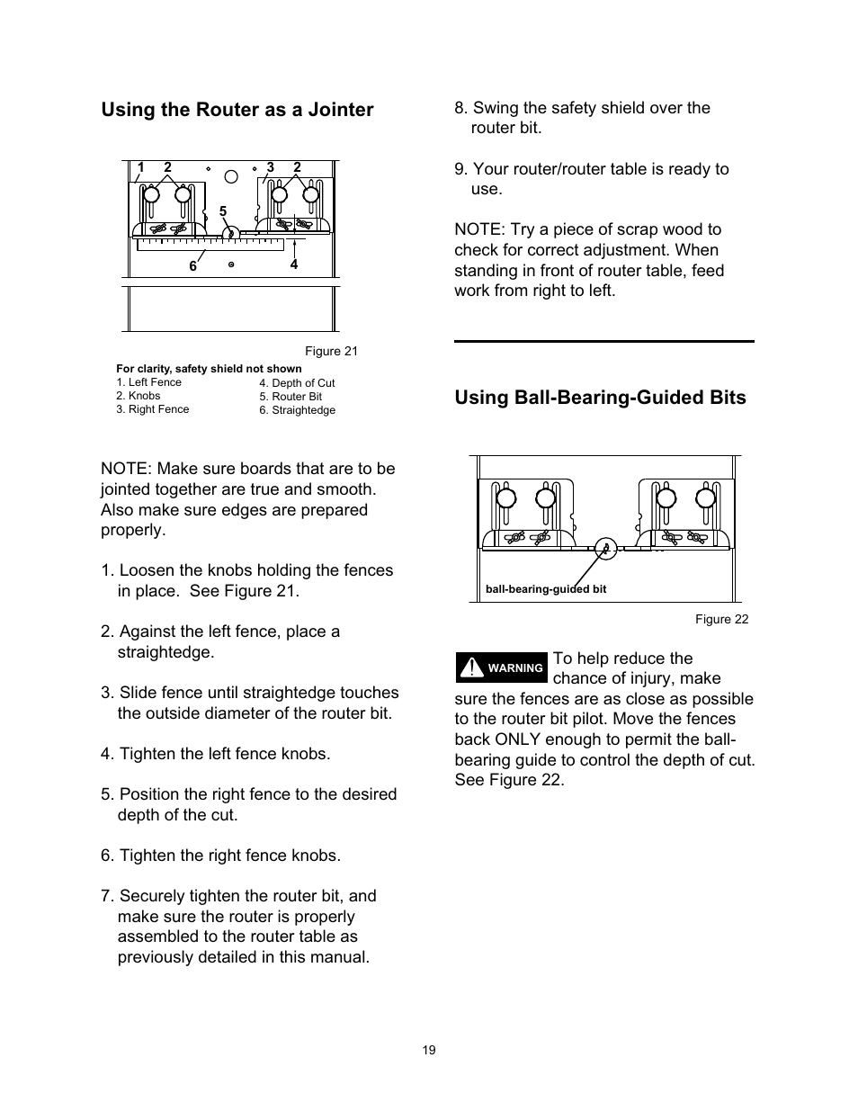 Using ball-bearing-guided bits, Using the router as a jointer | Wolfcraft 6157 User Manual | Page 19 / 52