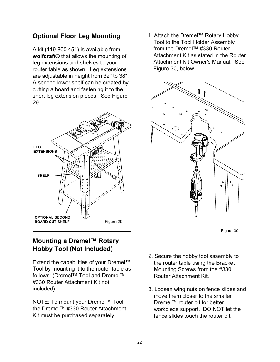 Optional floor leg mounting, Figure 29 pul l on pus h o ff res et ou tle ts | Wolfcraft 6157 User Manual | Page 22 / 52