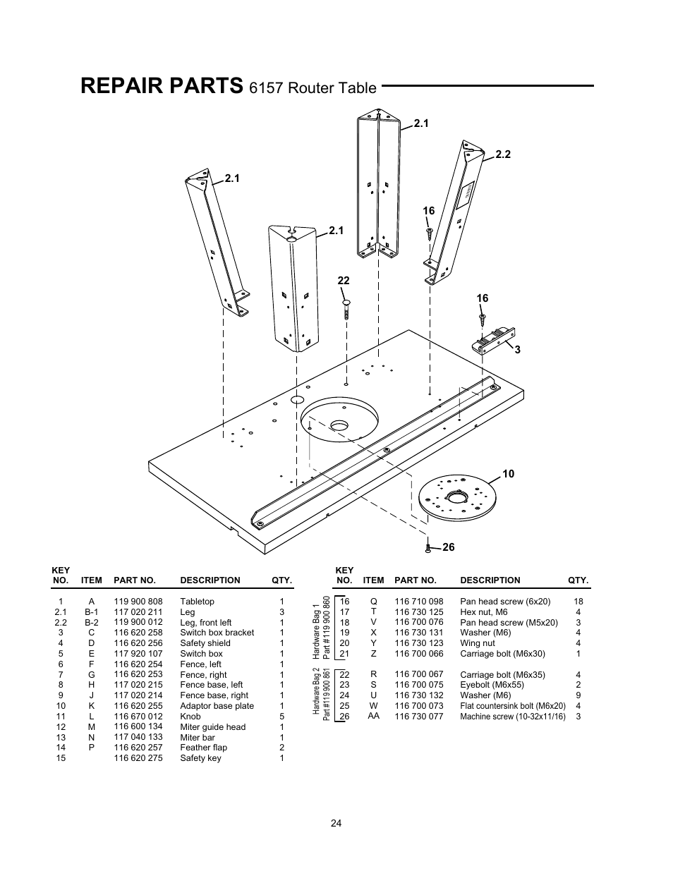 Repair parts, 6157 router table | Wolfcraft 6157 User Manual | Page 24 / 52