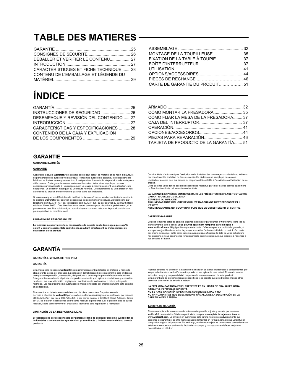 Table des matieres, Índice, Garantie | Garantía | Wolfcraft 6157 User Manual | Page 25 / 52