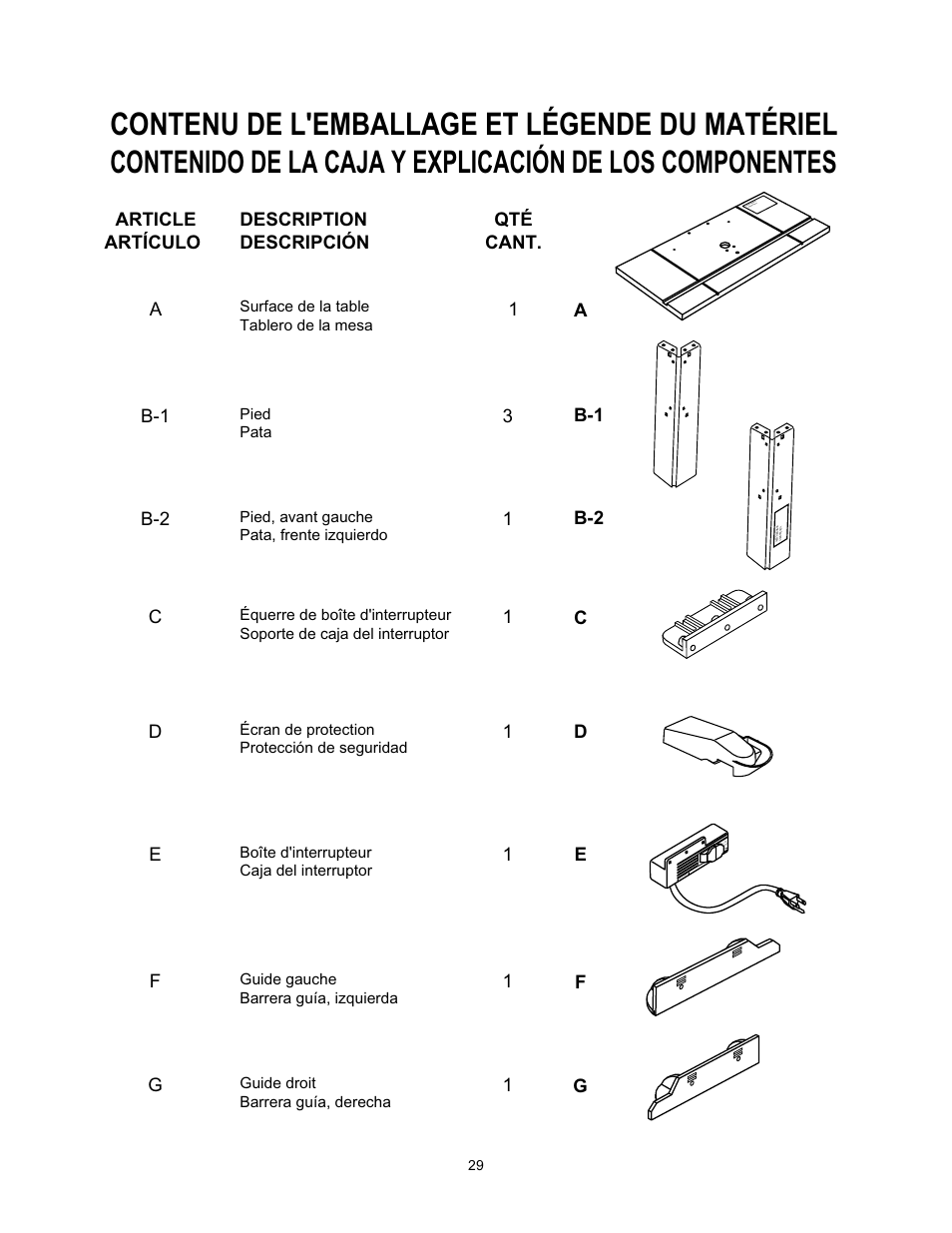 Description descripción, Qté cant. 1 article artículo a, 1b-2 b-2 | Wolfcraft 6157 User Manual | Page 29 / 52