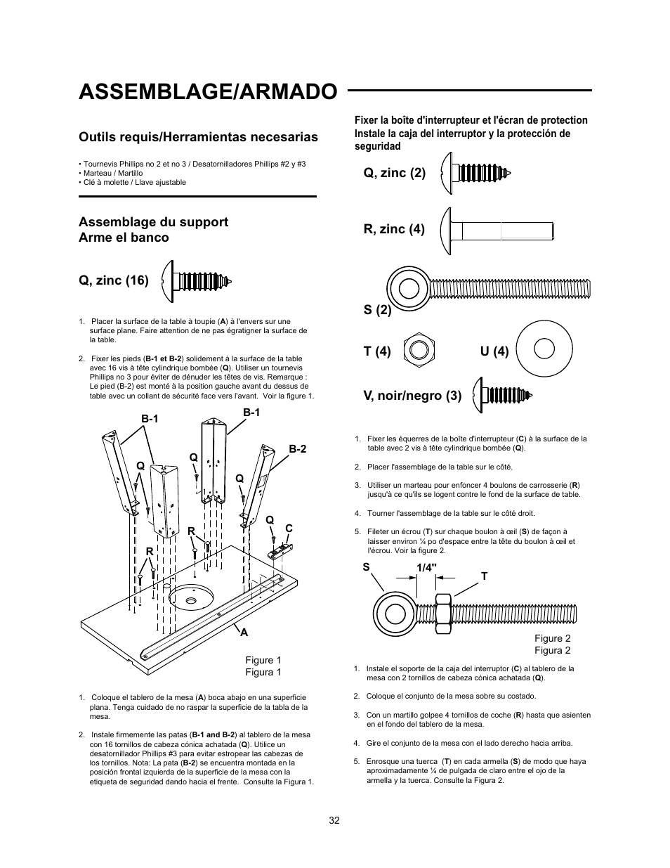 Assemblage/armado, Outils requis/herramientas necesarias, Assemblage du support arme el banco q, zinc (16) | Wolfcraft 6157 User Manual | Page 32 / 52
