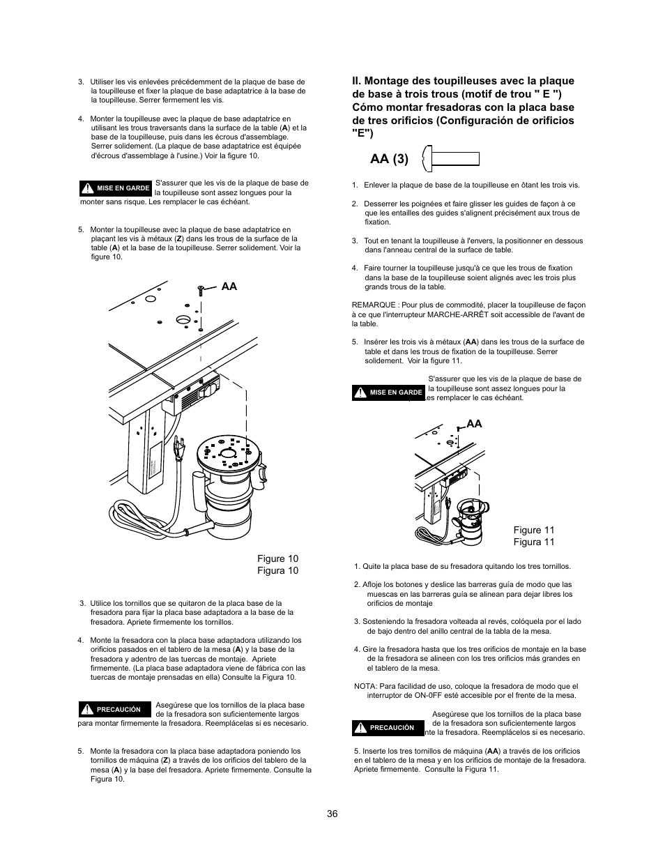 Aa (3), Figure 10 figura 10, Pul l on pus h o ff res et ou tle ts | Figure 11 figura 11, Av er ti ss em en t ad ve rt en ci a | Wolfcraft 6157 User Manual | Page 36 / 52