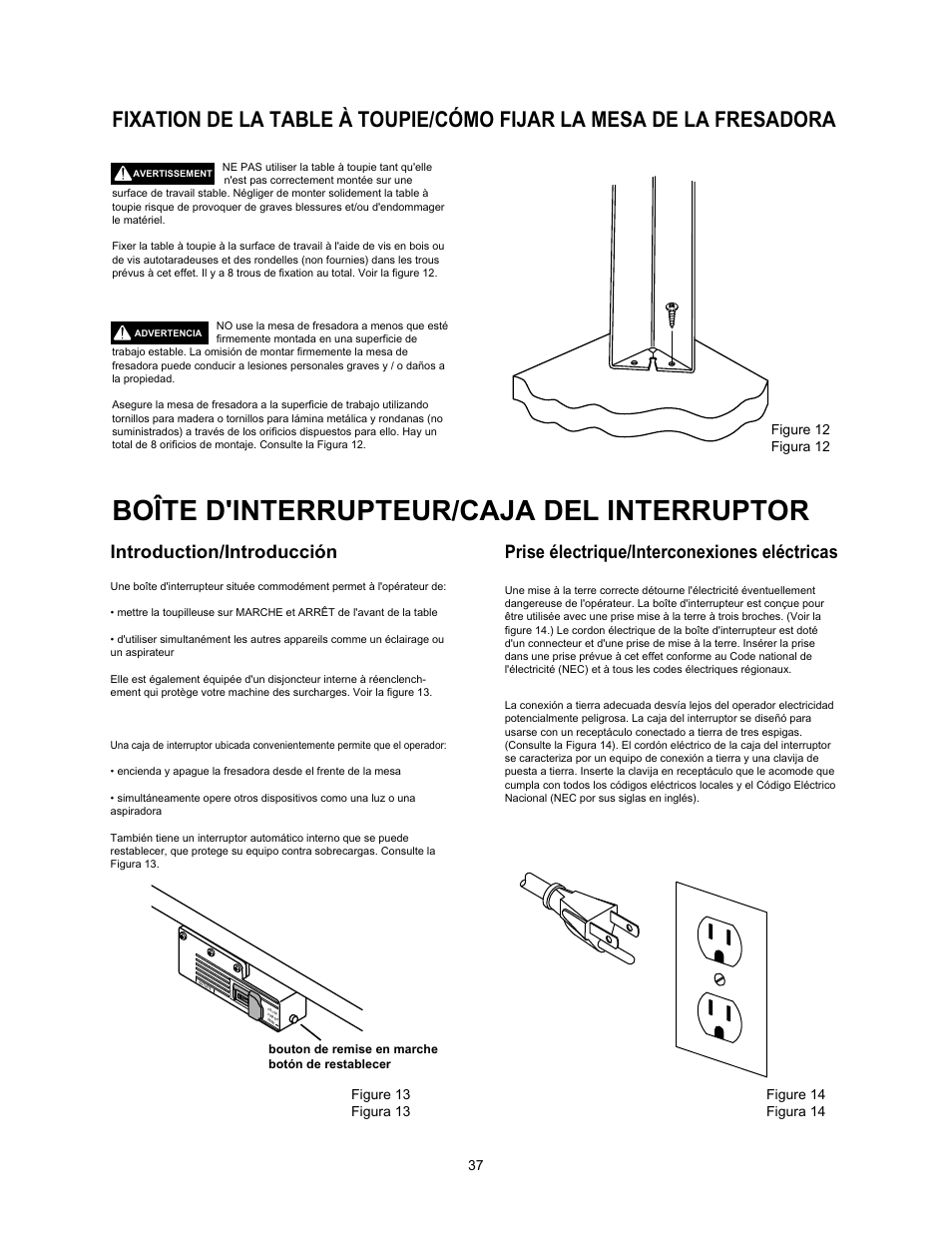 Boîte d'interrupteur/caja del interruptor, Introduction/introducción, Prise électrique/interconexiones eléctricas | Figure 12 figura 12 | Wolfcraft 6157 User Manual | Page 37 / 52