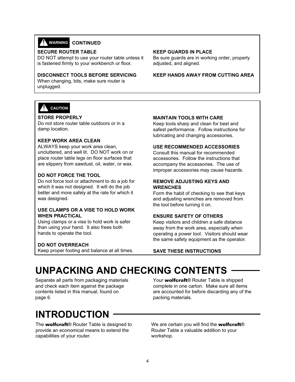 Introduction, Unpacking and checking contents | Wolfcraft 6157 User Manual | Page 4 / 52