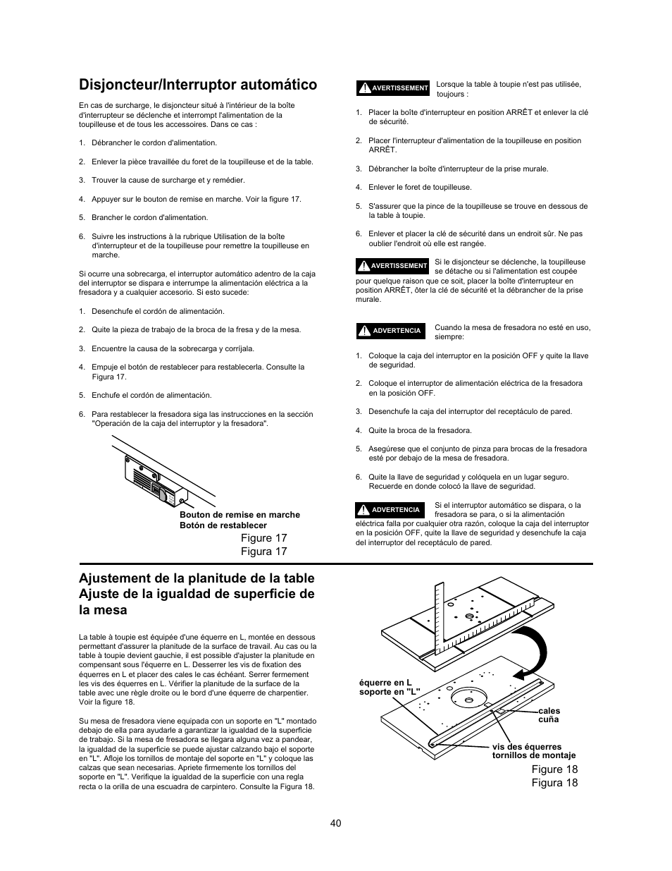 Disjoncteur/interruptor automático, Figure 17 figura 17, Figure 18 figura 18 | Wolfcraft 6157 User Manual | Page 40 / 52