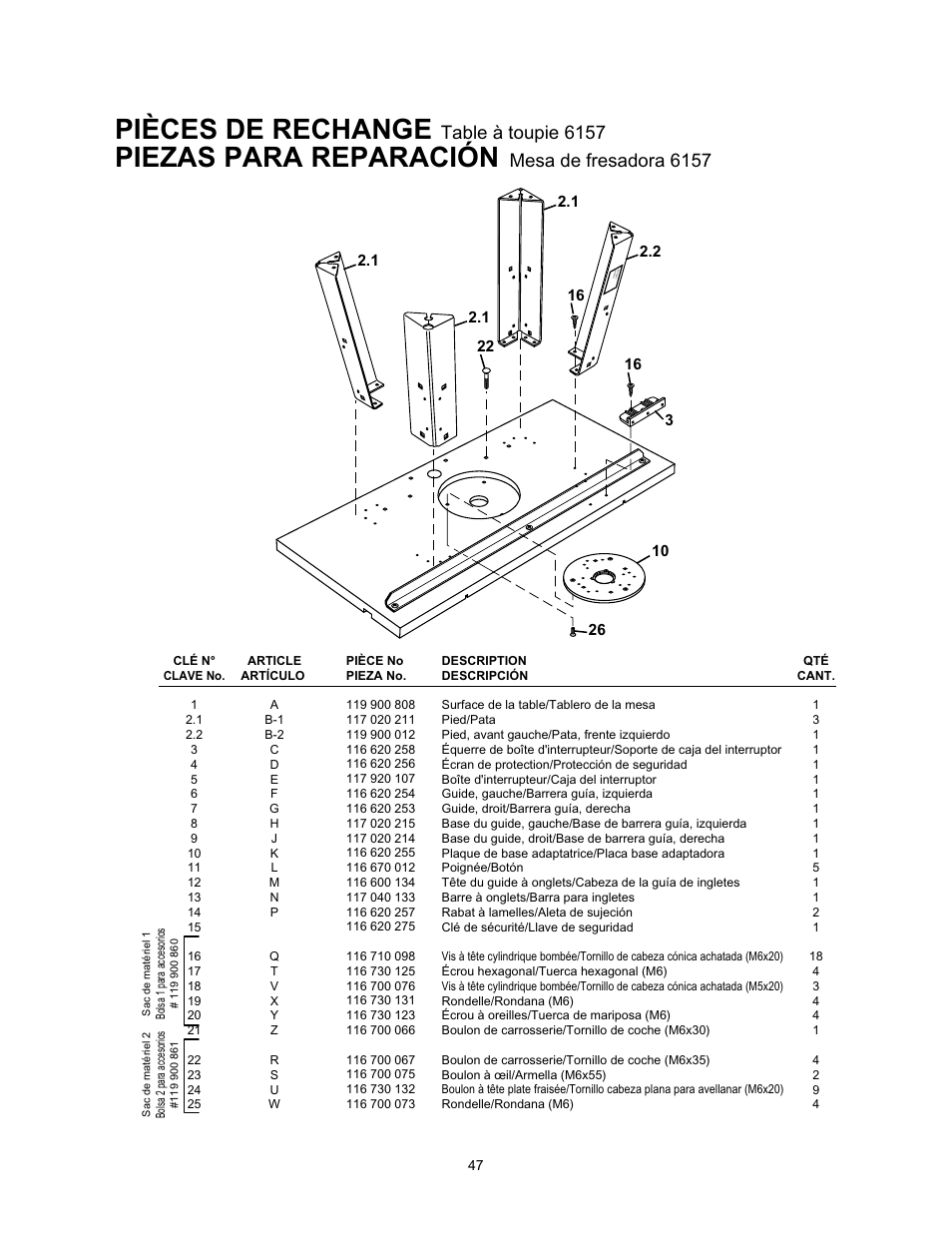 Pièces de rechange, Piezas para reparación, Table à toupie 6157 | Mesa de fresadora 6157 | Wolfcraft 6157 User Manual | Page 47 / 52