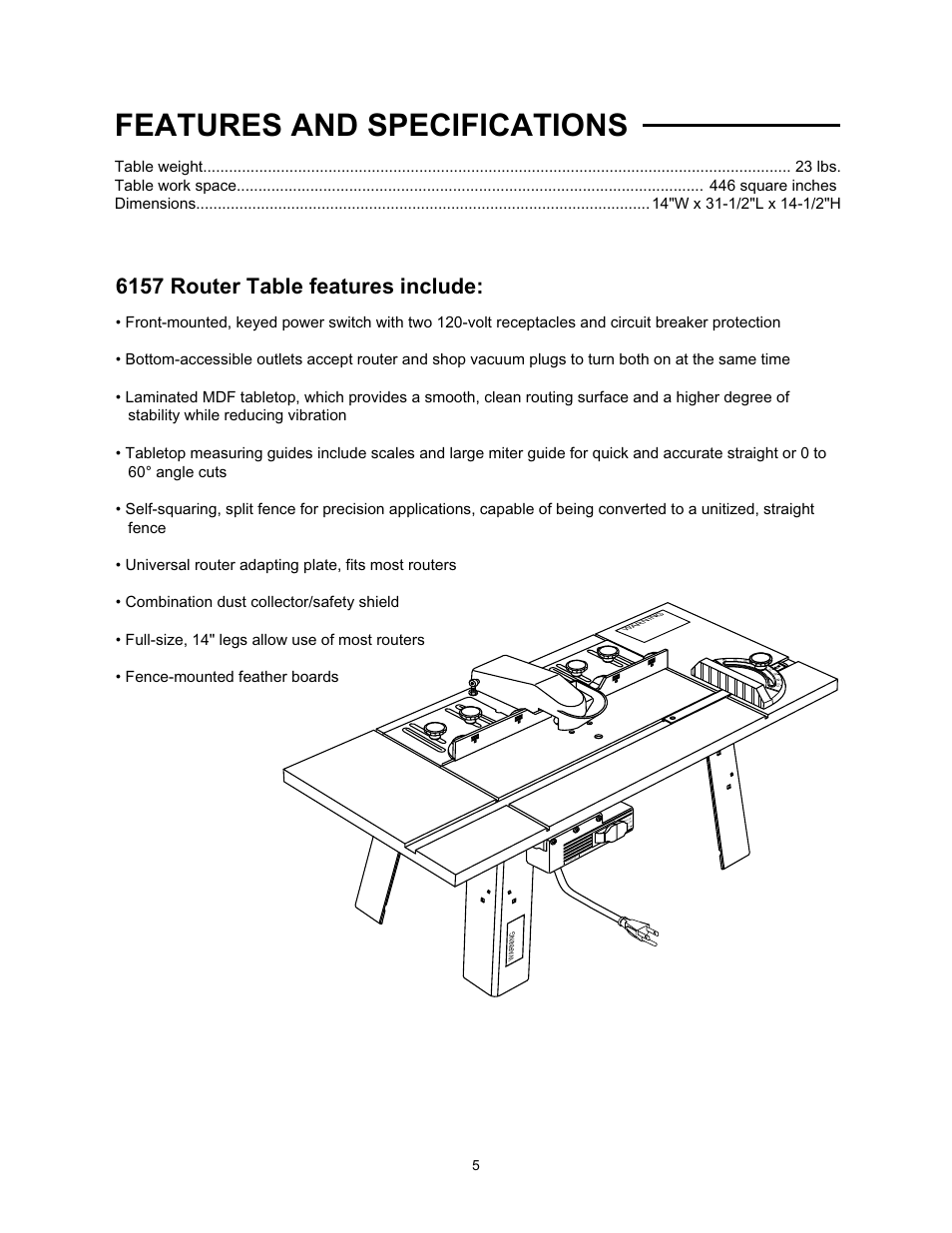 Features and specifications, 6157 router table features include | Wolfcraft 6157 User Manual | Page 5 / 52