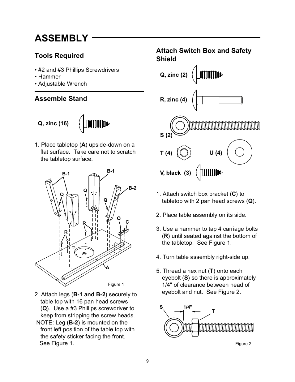 Assembly, Tools required, Assemble stand | Attach switch box and safety shield | Wolfcraft 6157 User Manual | Page 9 / 52