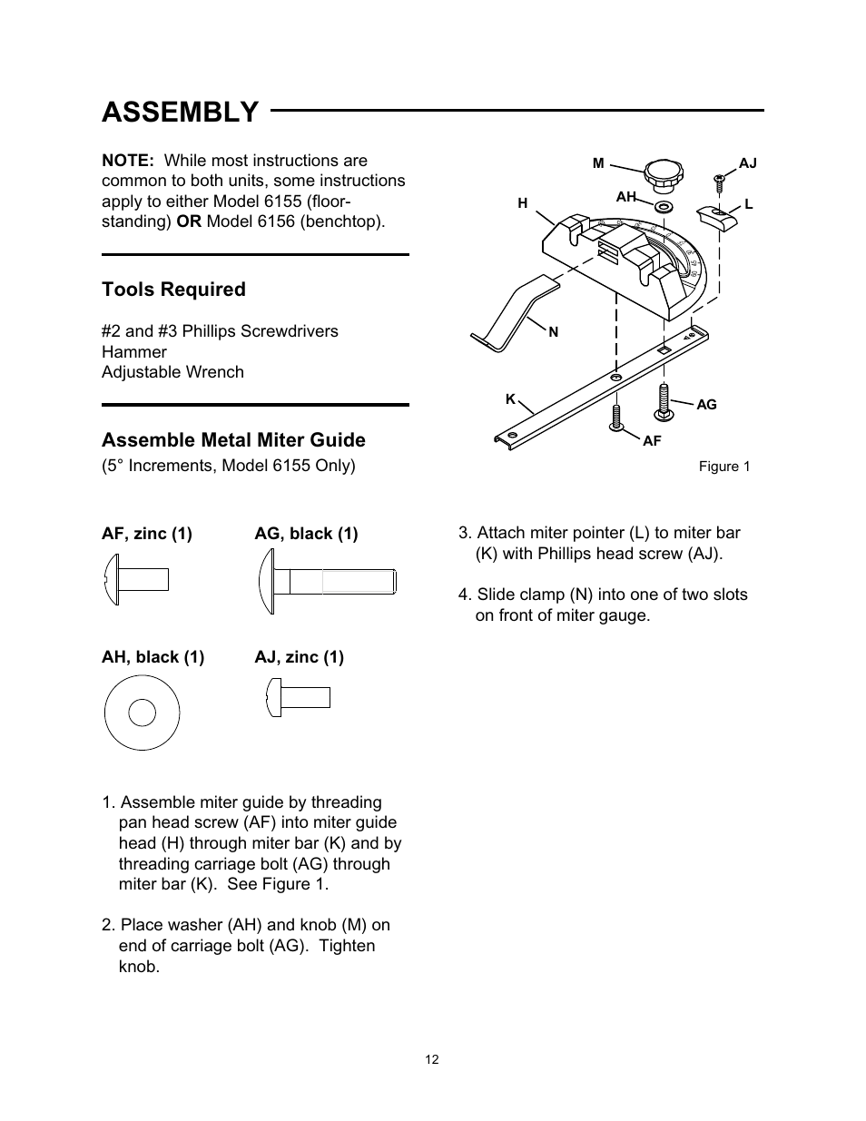 Assembly, Tools required, Assemble metal miter guide | Wolfcraft 6155 User Manual | Page 12 / 92