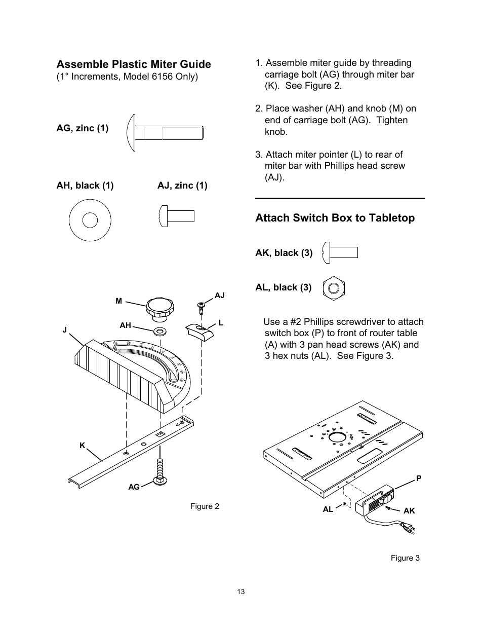 Assemble plastic miter guide, Attach switch box to tabletop | Wolfcraft 6155 User Manual | Page 13 / 92