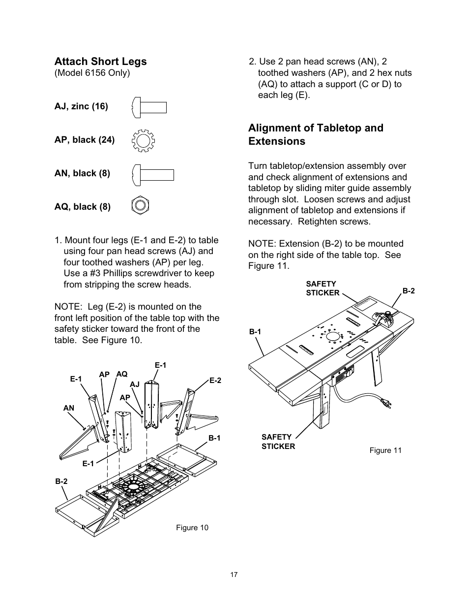 Alignment of tabletop and extensions, Attach short legs | Wolfcraft 6155 User Manual | Page 17 / 92