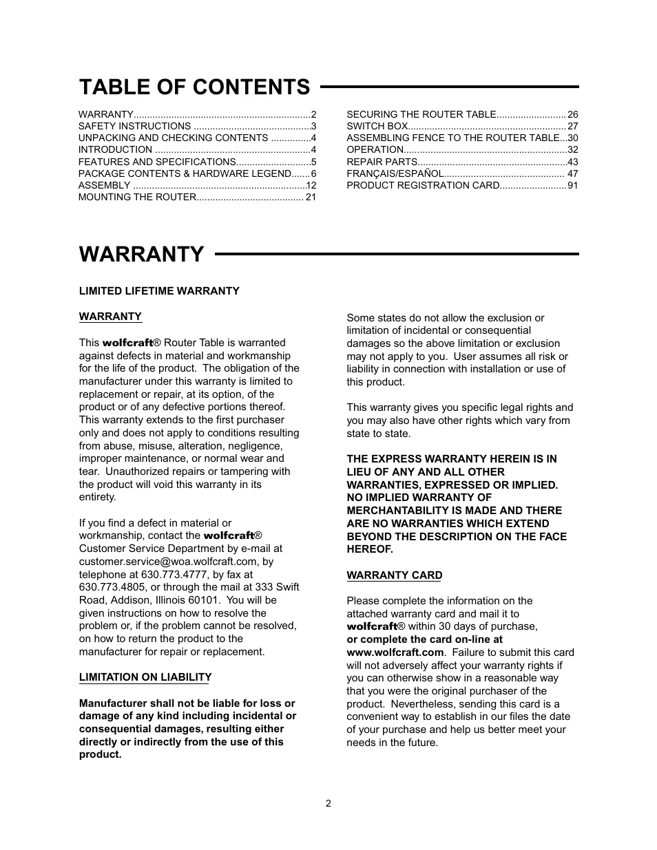 Table of contents warranty | Wolfcraft 6155 User Manual | Page 2 / 92
