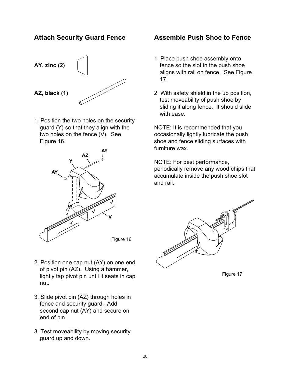 Attach security guard fence, Assemble push shoe to fence | Wolfcraft 6155 User Manual | Page 20 / 92