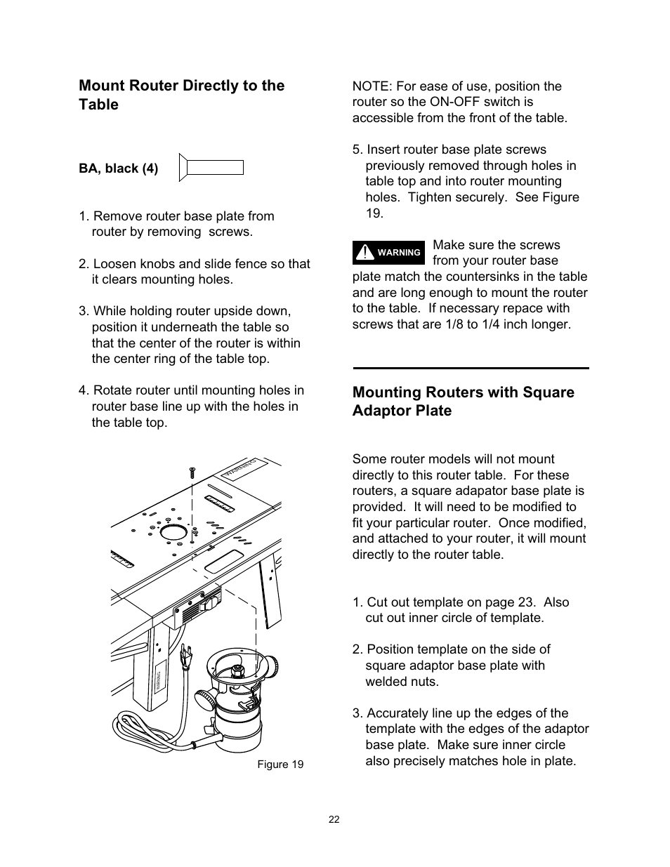 Mount router directly to the table, Mounting routers with square adaptor plate | Wolfcraft 6155 User Manual | Page 22 / 92