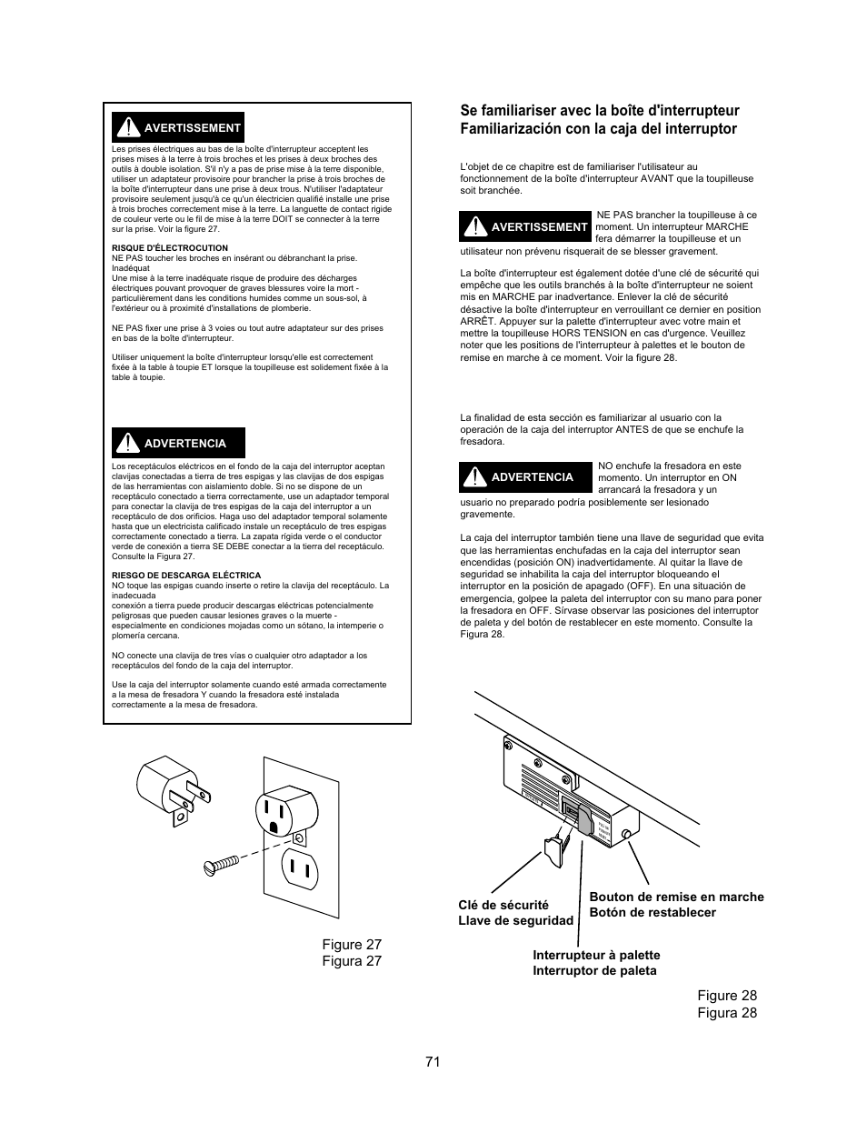 Figure 27 figura 27, Figure 28 figura 28, Clé de sécurité llave de seguridad | Bouton de remise en marche botón de restablecer, Interrupteur à palette interruptor de paleta | Wolfcraft 6155 User Manual | Page 71 / 92