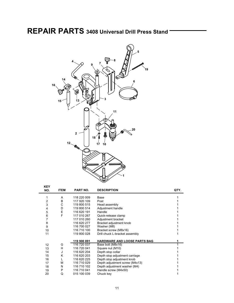 Repair parts, 3408 universal drill press stand | Wolfcraft 3408 User Manual | Page 11 / 24