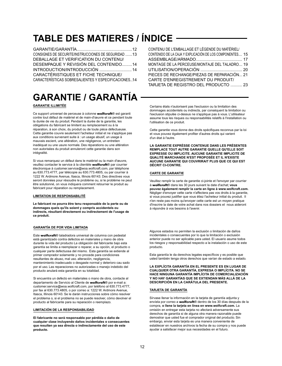 Garantie / garantía, Table des matieres / índice | Wolfcraft 3408 User Manual | Page 12 / 24