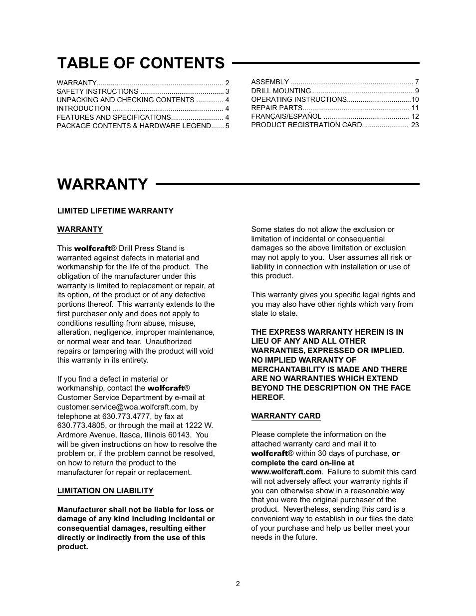 Table of contents warranty | Wolfcraft 3408 User Manual | Page 2 / 24