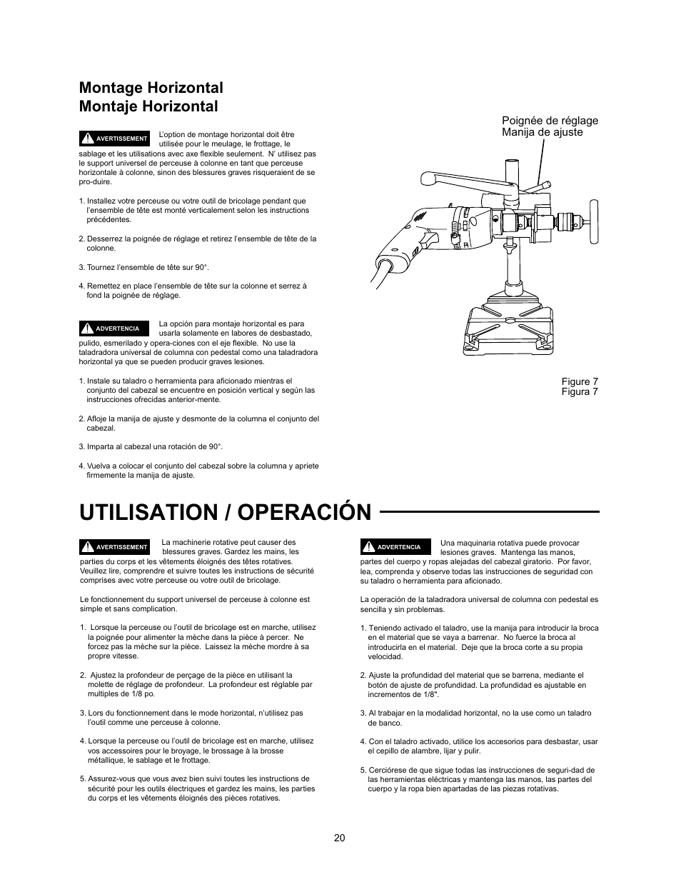 Utilisation / operación, Montage horizontal montaje horizontal, Poignée de réglage manija de ajuste | Wolfcraft 3408 User Manual | Page 20 / 24