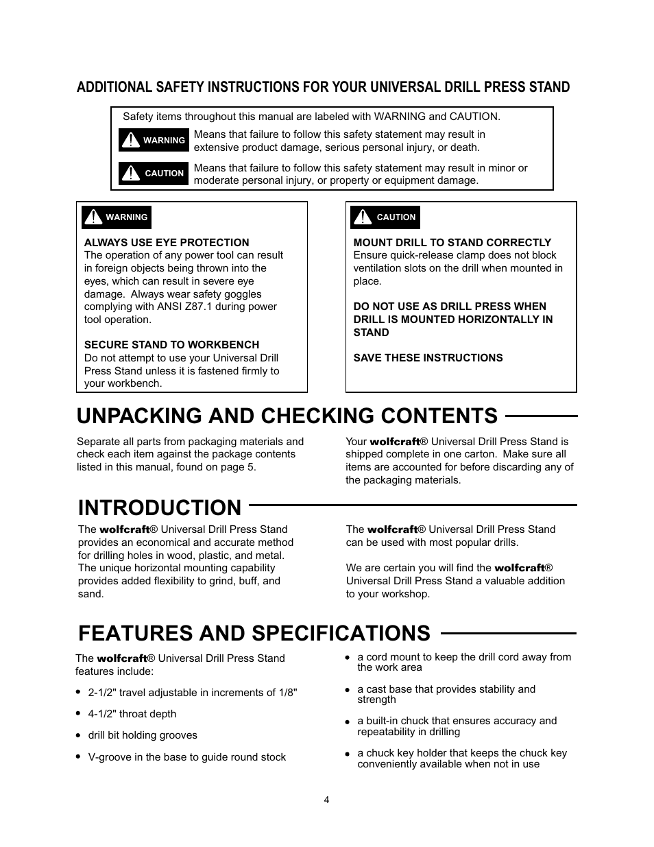 Unpacking and checking contents, Introduction, Features and specifications | Wolfcraft 3408 User Manual | Page 4 / 24