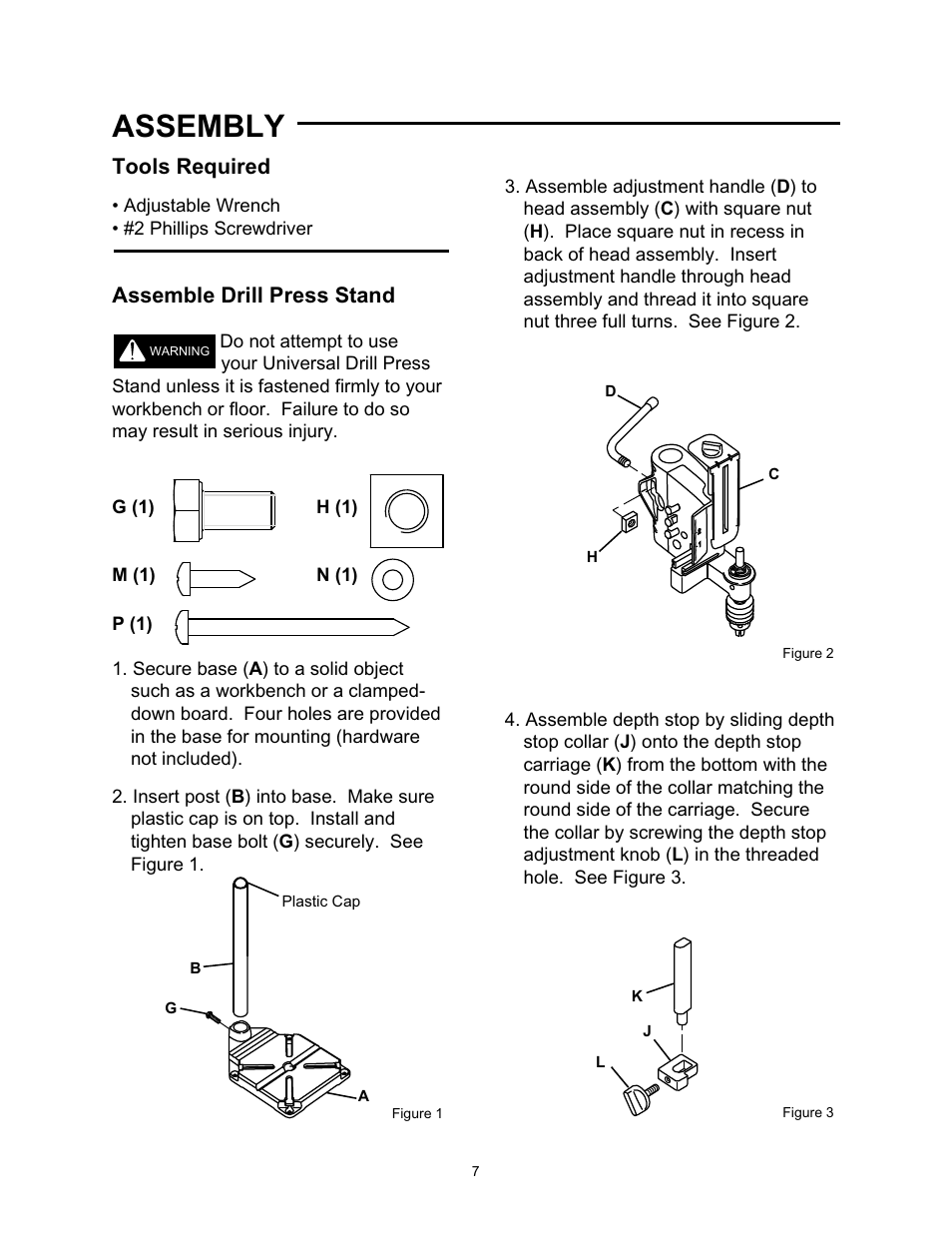 Assembly, Tools required, Assemble drill press stand | Wolfcraft 3408 User Manual | Page 7 / 24