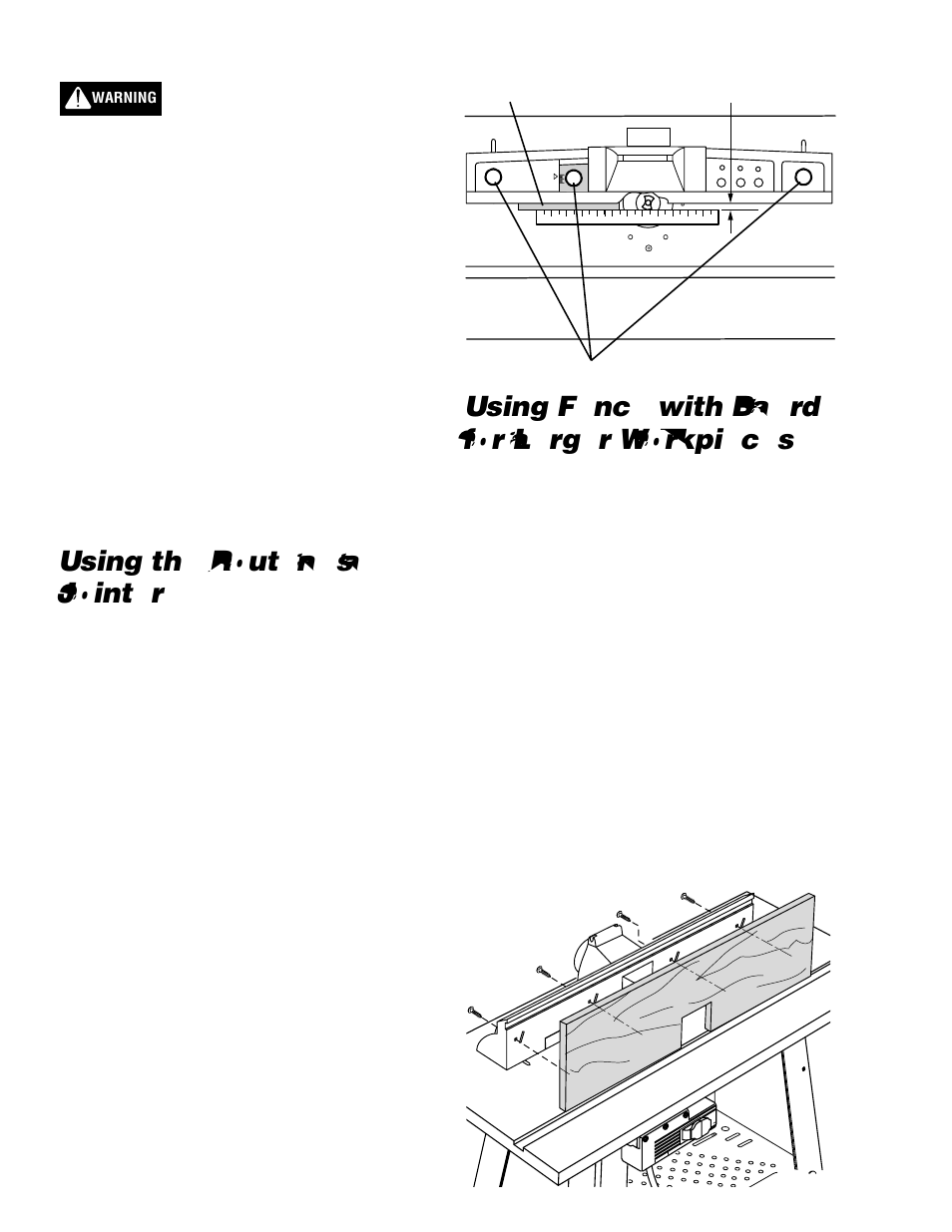 Using the router as a jointer, Using fence with board for larger workpieces | Wolfcraft 6151 User Manual | Page 14 / 40