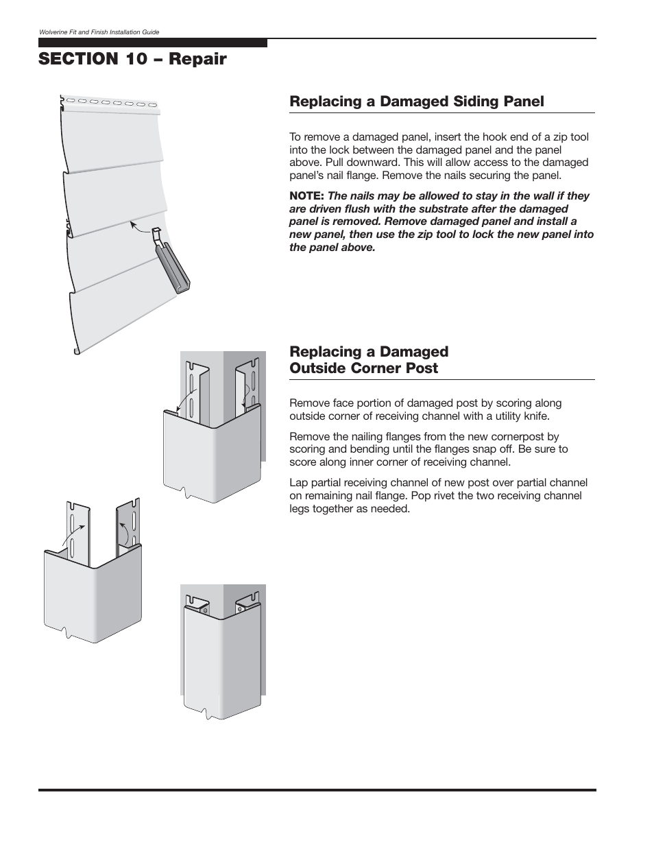 Replacing a damaged siding panel, Replacing a damaged outside corner post | Wolverine Siding and Vinyl Carpentry Soffit and Decorative Trim User Manual | Page 113 / 117