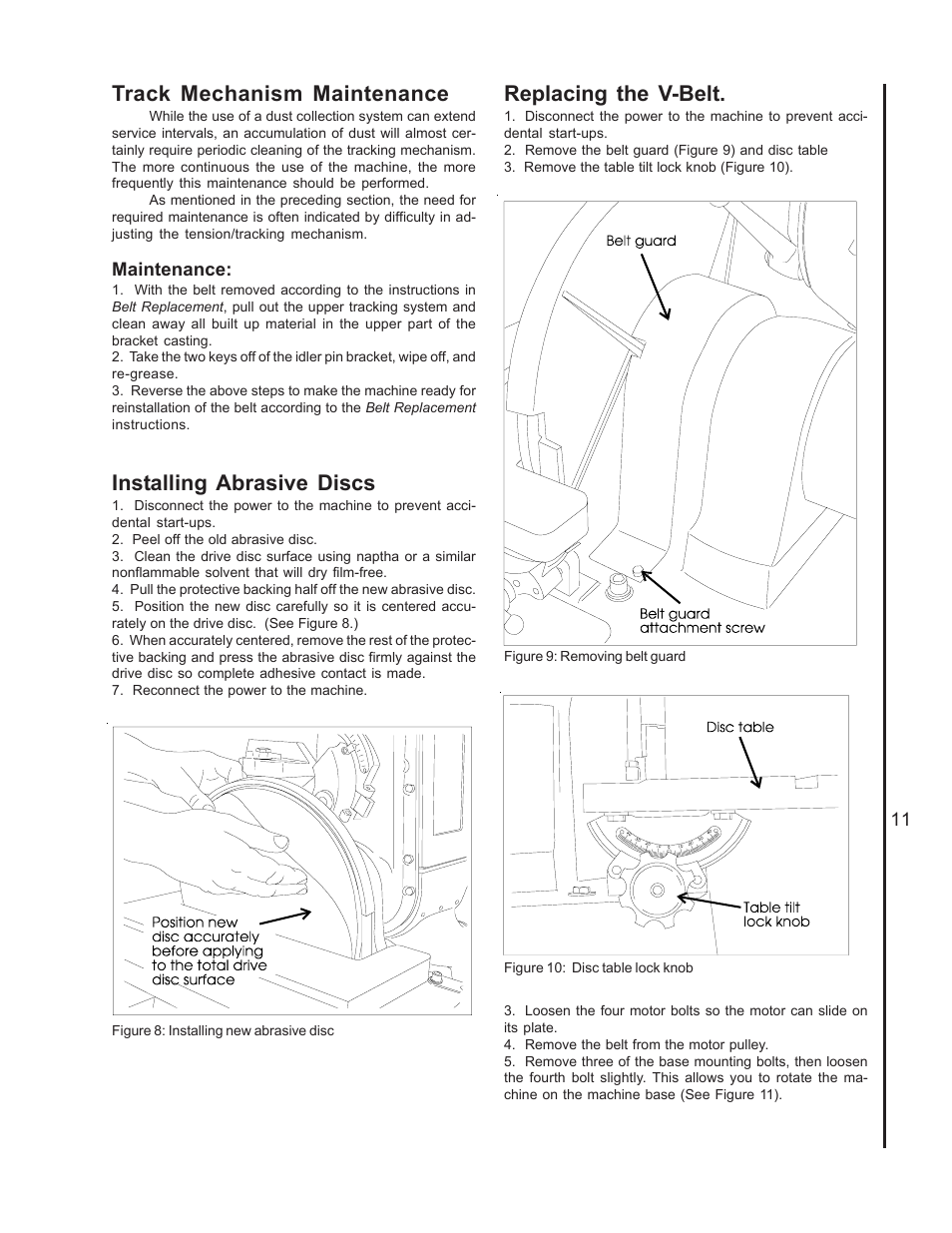 Track mechanism maintenance, Installing abrasive discs, Replacing the v-belt | Wilton 4400A User Manual | Page 11 / 32