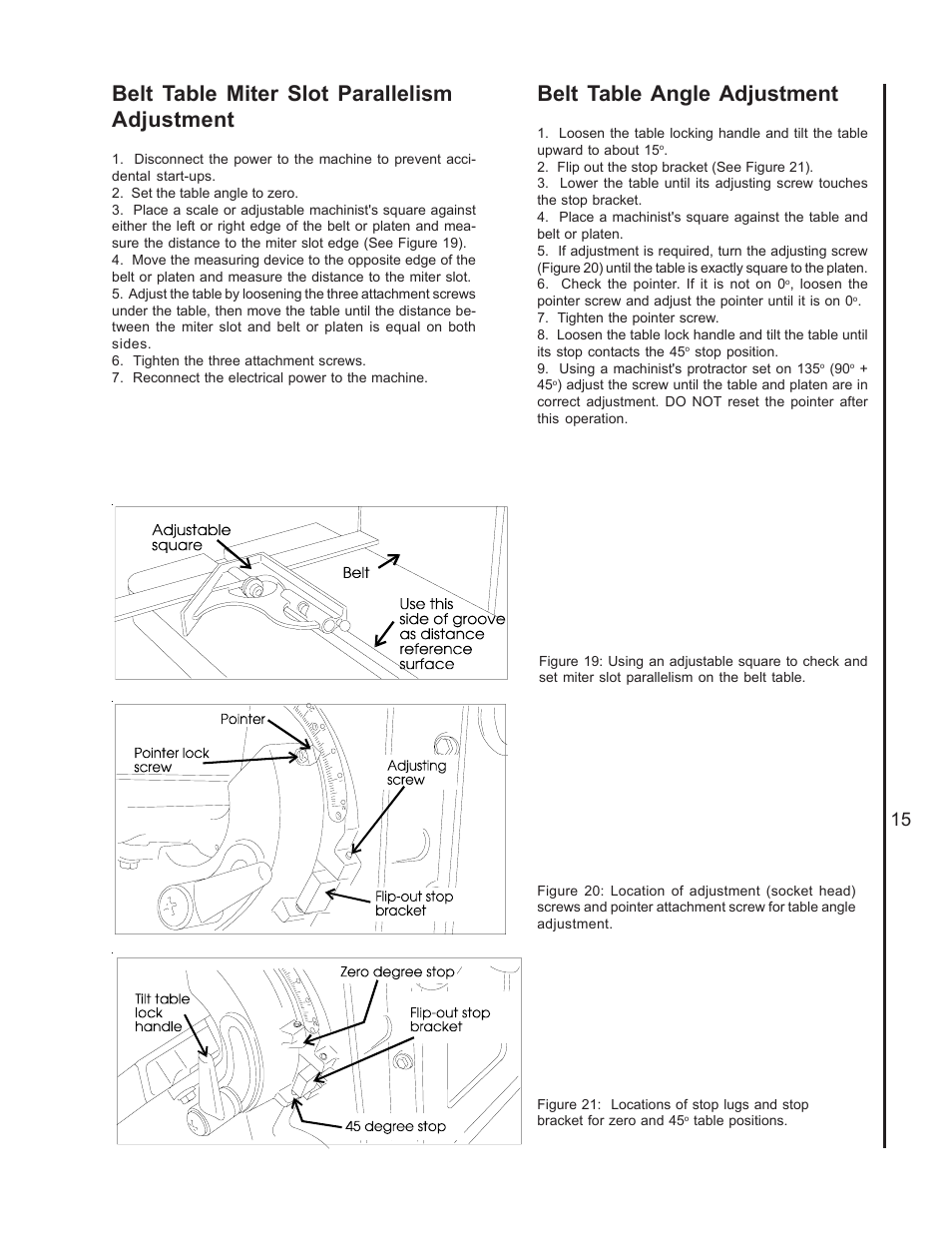 Belt table miter slot parallelism adjustment, Belt table angle adjustment | Wilton 4400A User Manual | Page 15 / 32