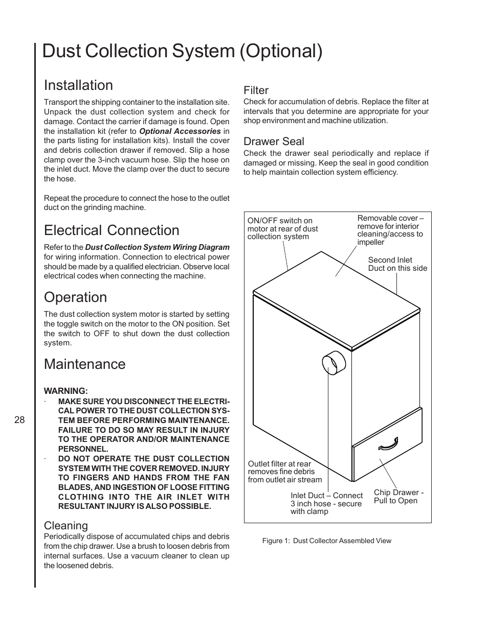 Dust collection system (optional), Installation, Electrical connection | Operation, Maintenance, Cleaning, Filter, Drawer seal | Wilton 4400A User Manual | Page 28 / 32