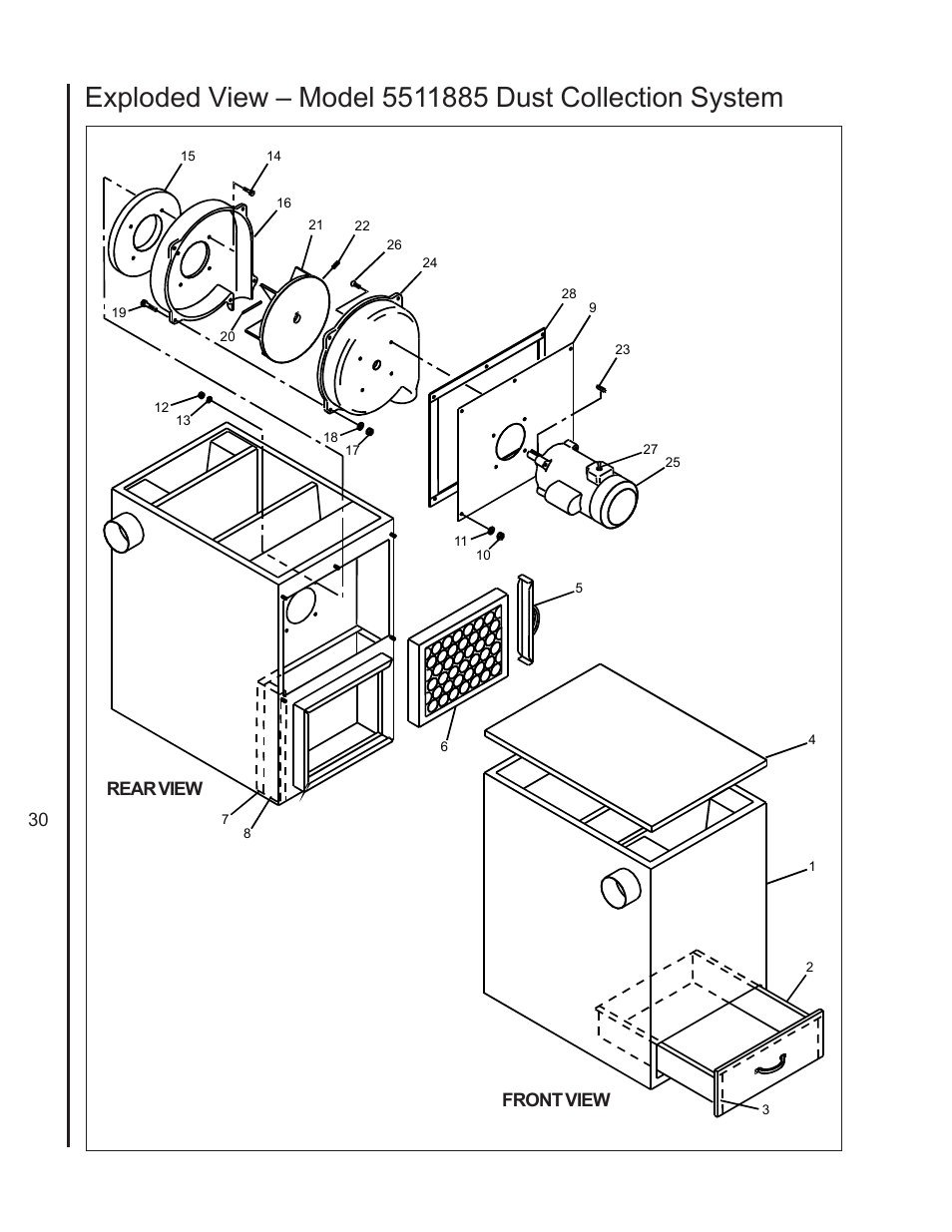 Parts - dust collection system, Front view rear view | Wilton 4400A User Manual | Page 30 / 32