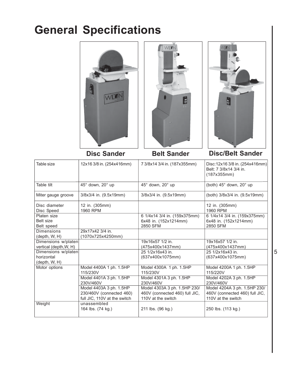 Specifications, General specifications, Disc sander belt sander disc/belt sander | Wilton 4400A User Manual | Page 5 / 32