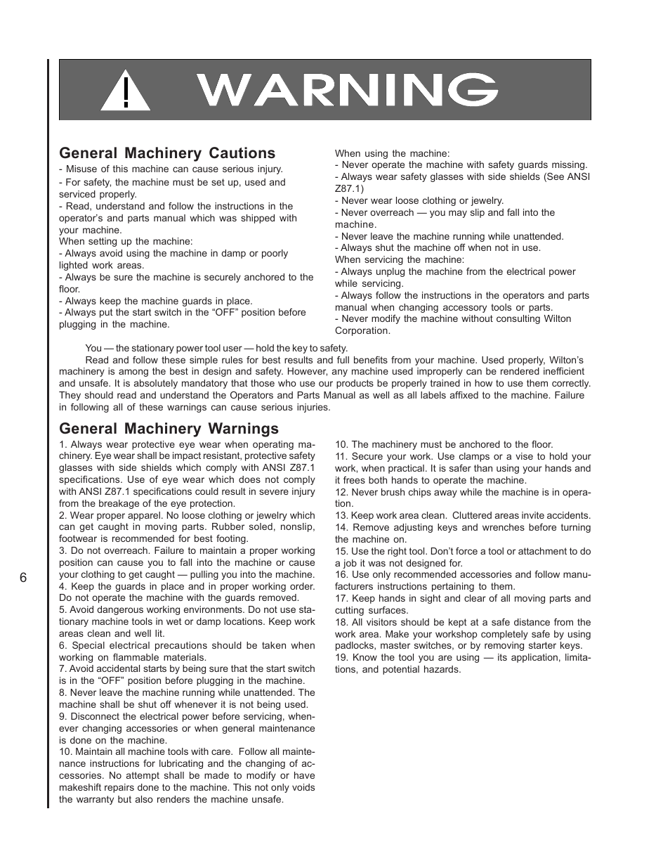 Warnings, General machinery warnings, General machinery cautions | Wilton 4400A User Manual | Page 6 / 32