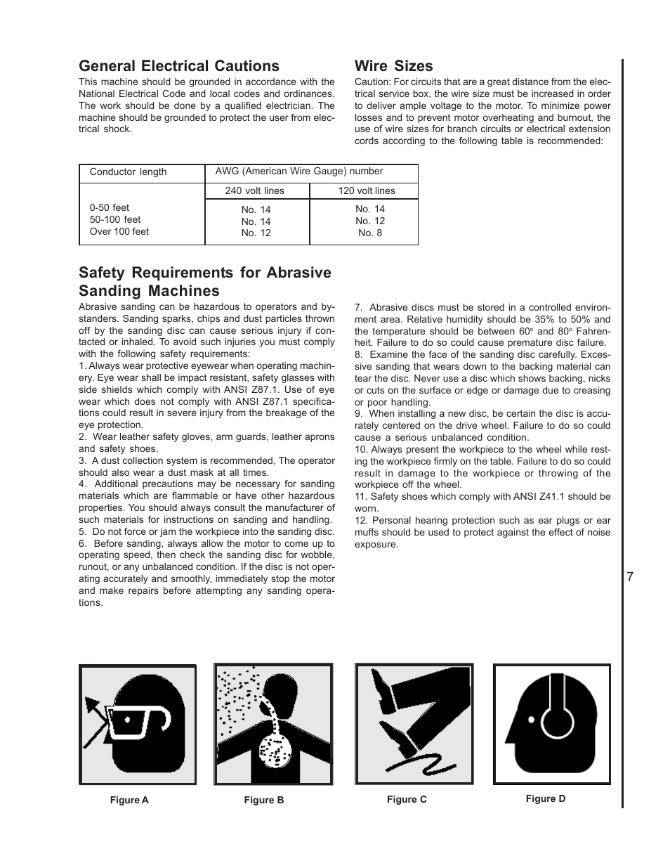 General electrical cautions, Wire sizes, Safety requirements | Safety requirements for abrasive sanding machines | Wilton 4400A User Manual | Page 7 / 32