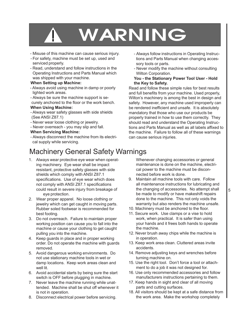 Machinery general safety warnings | Wilton 8201VS User Manual | Page 5 / 32