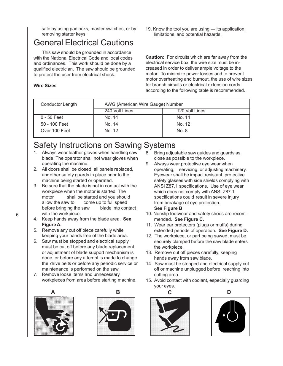 Safety instructions on sawing systems, General electrical cautions | Wilton 8201VS User Manual | Page 6 / 32