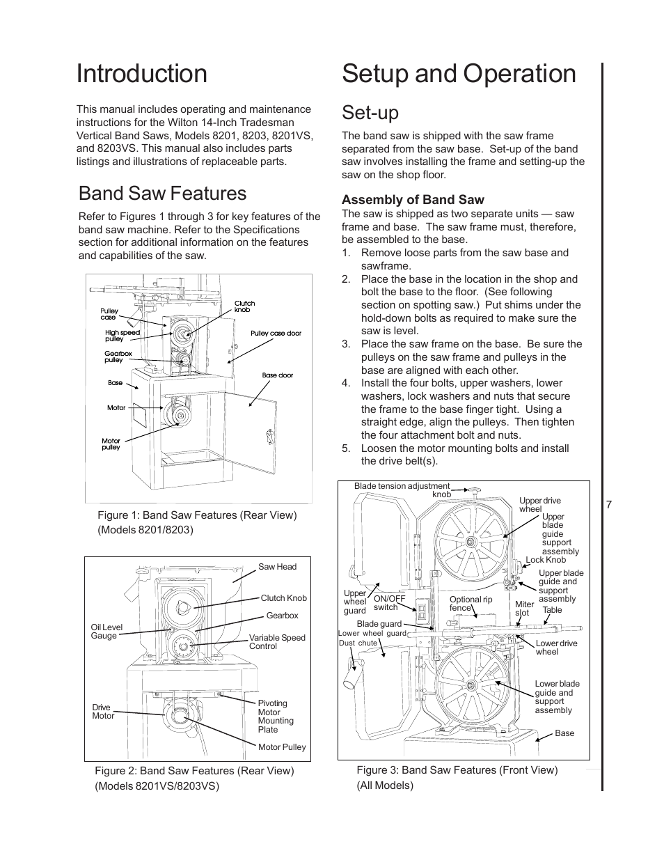 Introduction, Setup and operation, Band saw features | Set-up, Assembly of band saw | Wilton 8201VS User Manual | Page 7 / 32