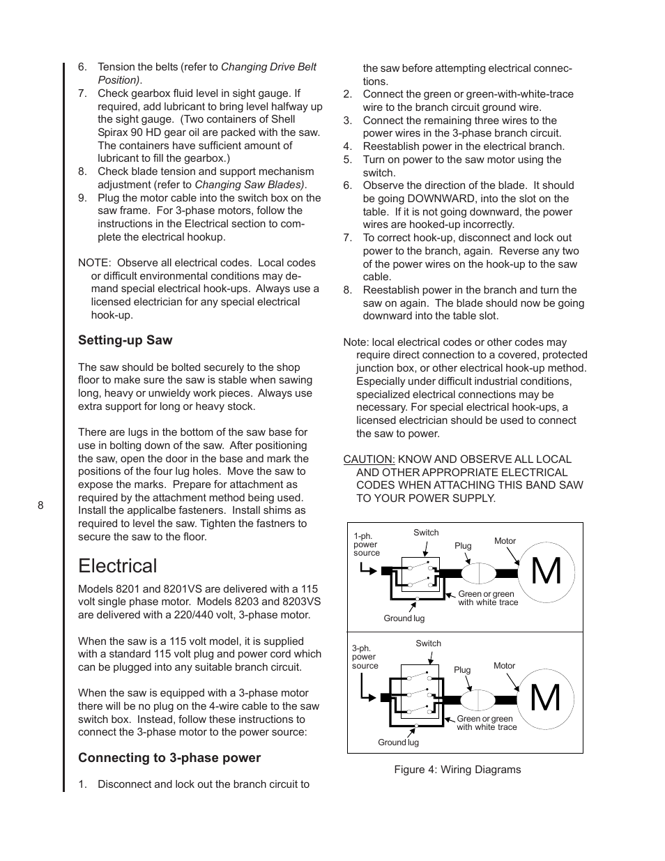 Electrical, Setting-up saw, Connecting to 3-phase power | Wilton 8201VS User Manual | Page 8 / 32