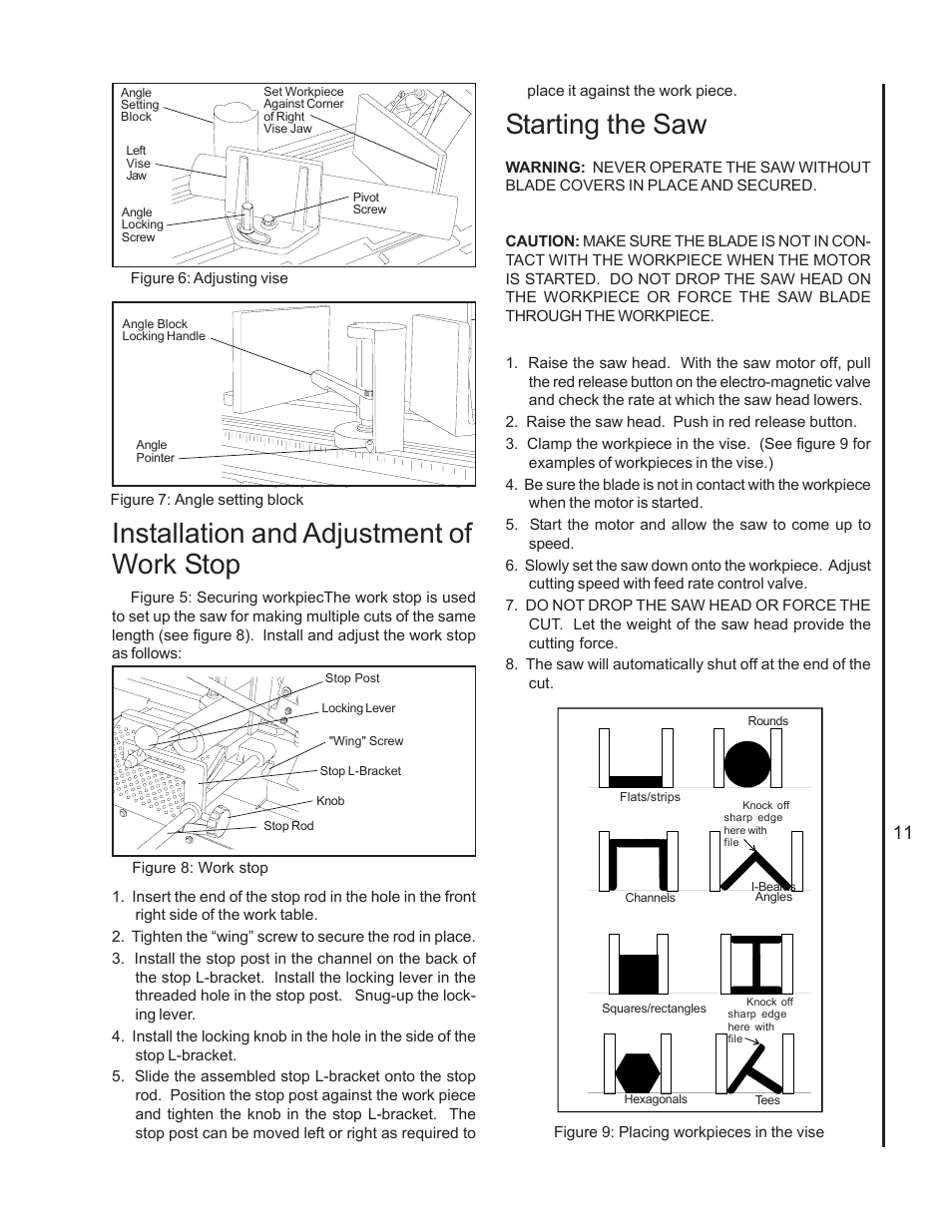 Starting the saw, Installation and adjustment of work stop | Wilton 7020/7040 User Manual | Page 10 / 28