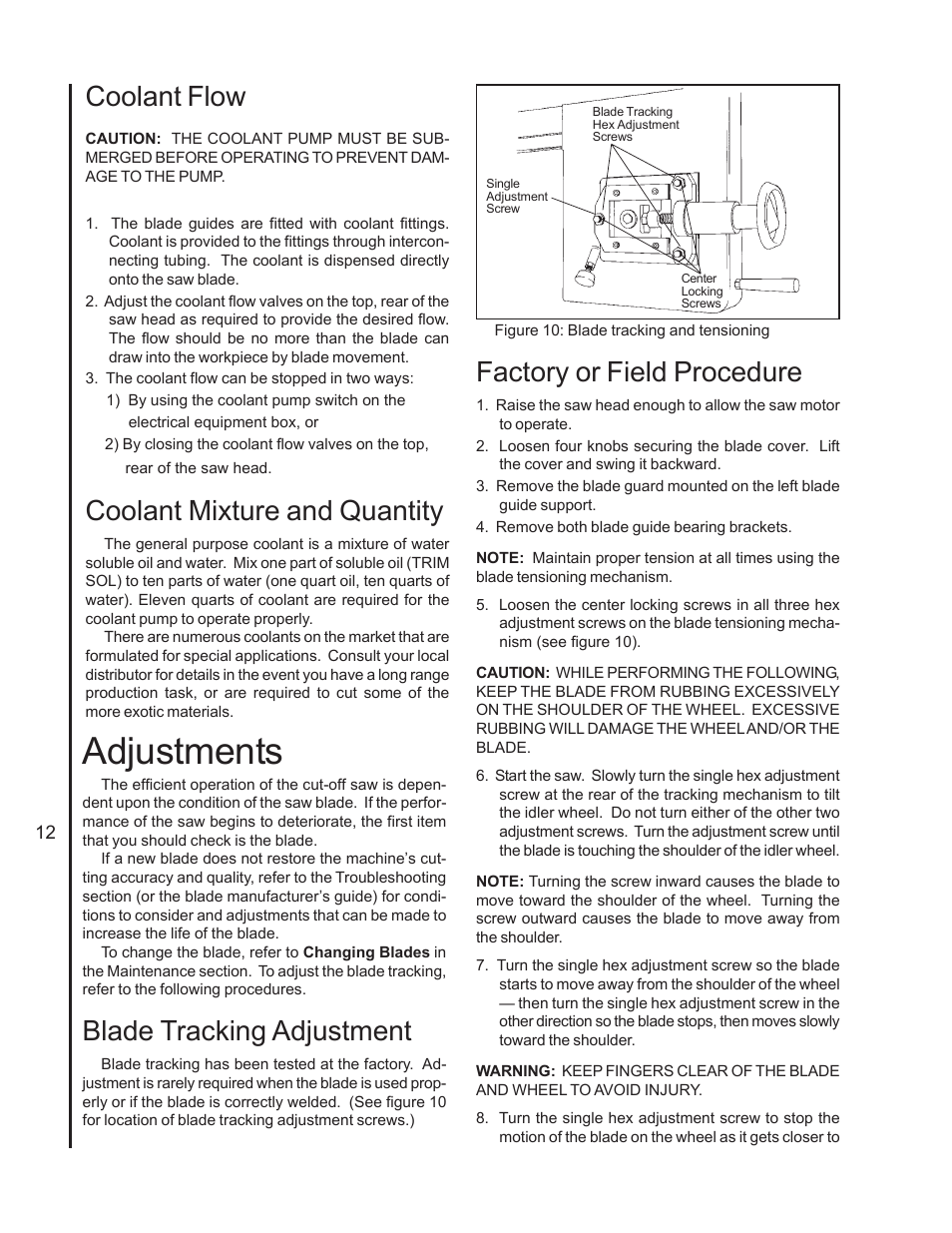 Adjustments, Coolant flow, Coolant mixture and quantity | Blade tracking adjustment, Factory or field procedure | Wilton 7020/7040 User Manual | Page 11 / 28