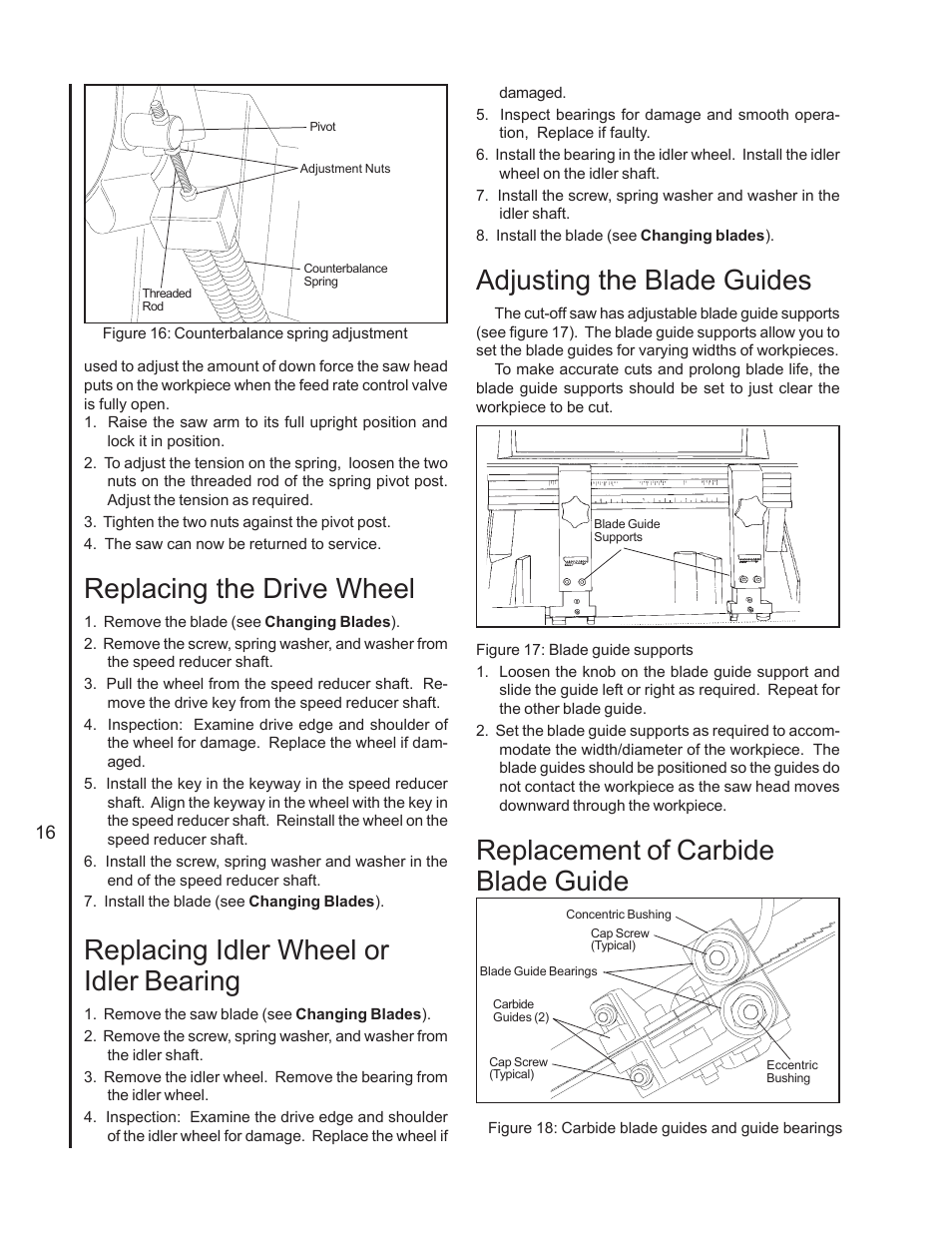 Adjusting the blade guides, Replacement of carbide blade guide, Replacing the drive wheel | Replacing idler wheel or idler bearing | Wilton 7020/7040 User Manual | Page 15 / 28