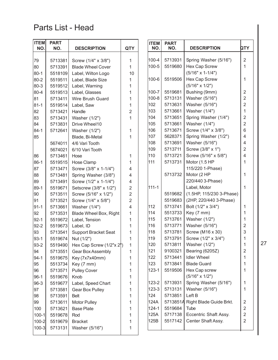 Parts list - head | Wilton 7020/7040 User Manual | Page 26 / 28