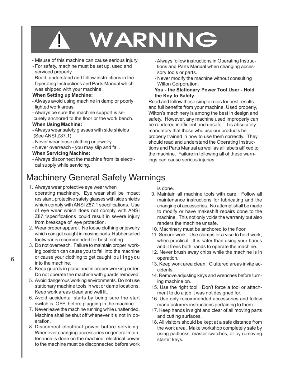 Machinery general safety warnings | Wilton 7020/7040 User Manual | Page 5 / 28