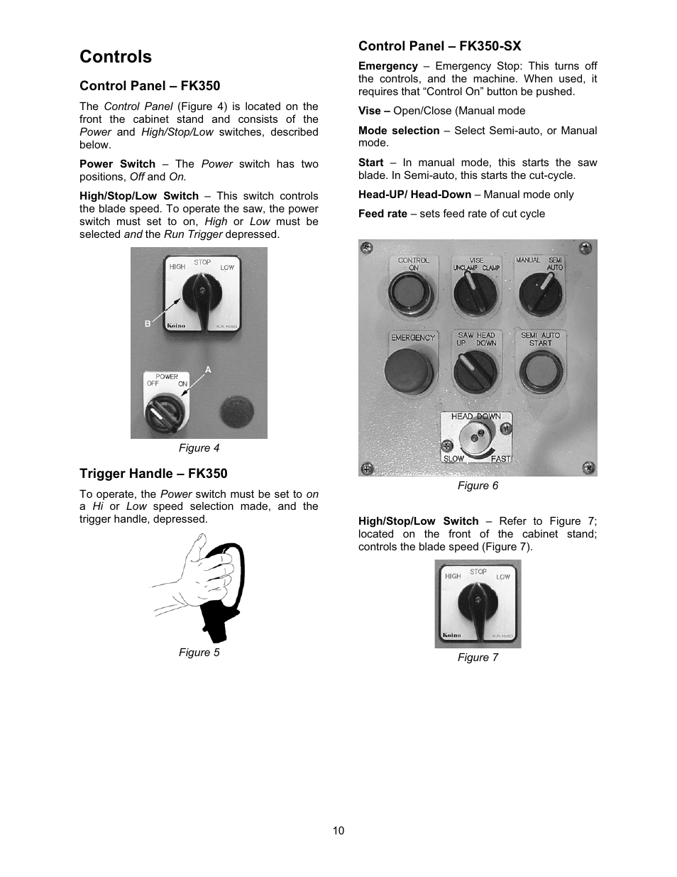 Controls, Control panel – fk350, Control panel – fk350-sx | Trigger handle – fk350 | Wilton FK350-4 User Manual | Page 10 / 44