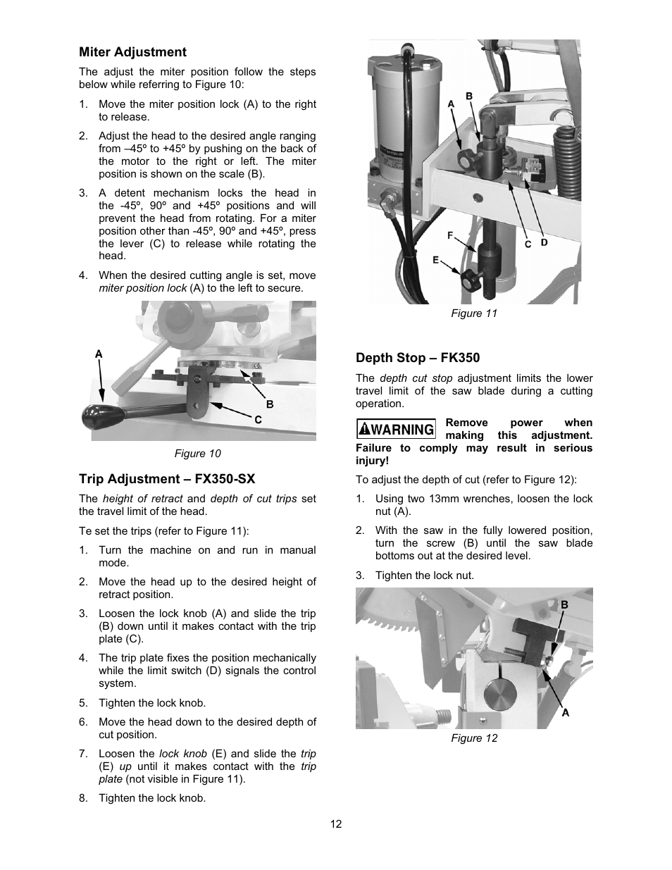 Miter adjustment, Trip adjustment – fx350-sx, Depth stop – fk350 | Wilton FK350-4 User Manual | Page 12 / 44