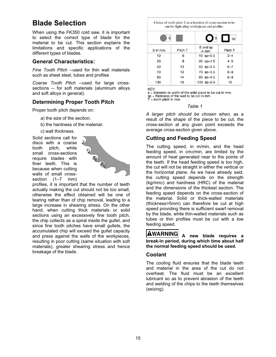 Blade selection, General characteristics, Determining proper tooth pitch | Cutting and feeding speed, Coolant | Wilton FK350-4 User Manual | Page 15 / 44